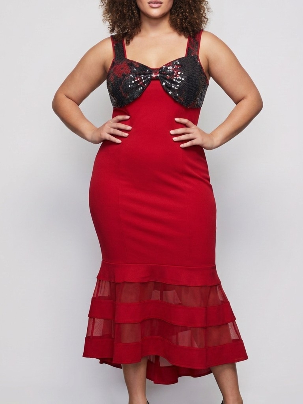 Christian Siriano Red Midi Dress with Black Sequin Bodice